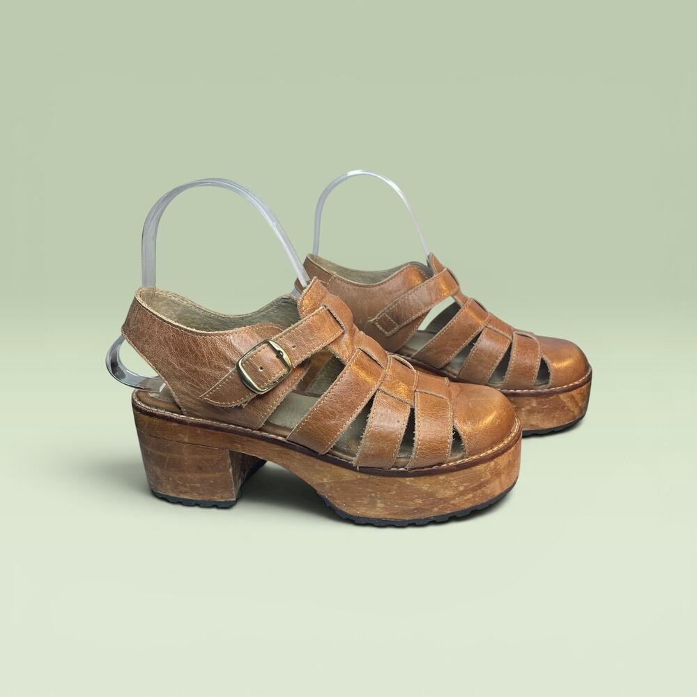 Vintage Leather Fisherman Platform Clogs EU 35 Brown Wood Chunky Heel Y2K